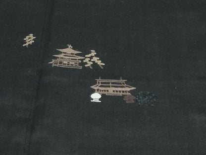 平和屋着物●訪問着　紬地　総刺繍　風景文　黒地　正絹　逸品　DABD9783ud