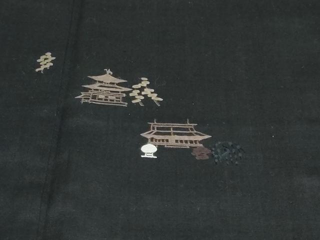 平和屋着物●訪問着　紬地　総刺繍　風景文　黒地　正絹　逸品　DABD9783ud