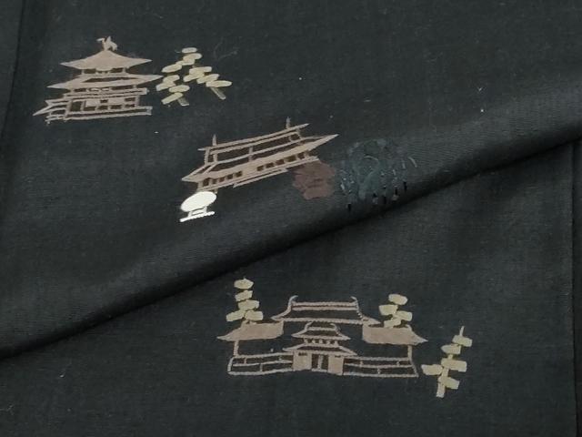 平和屋着物●訪問着　紬地　総刺繍　風景文　黒地　正絹　逸品　DABD9783ud