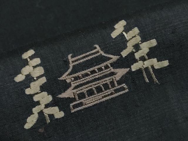 平和屋着物●訪問着　紬地　総刺繍　風景文　黒地　正絹　逸品　DABD9783ud