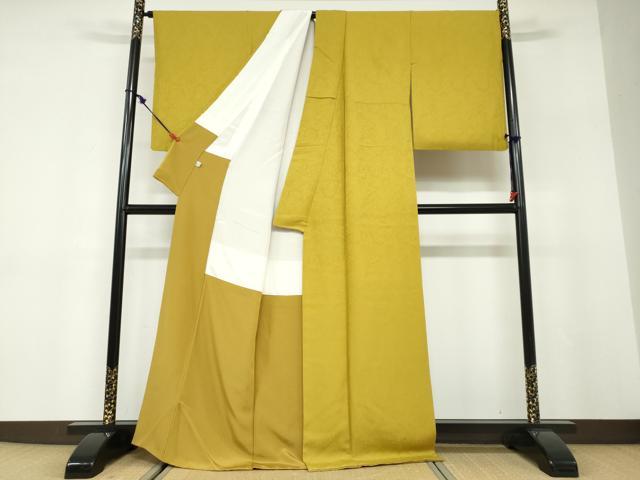 平和屋着物●上質な色無地　忠隈真理子　更紗花唐草地紋　芥子色　鈴乃屋扱い　正絹　逸品　DABD9795ud