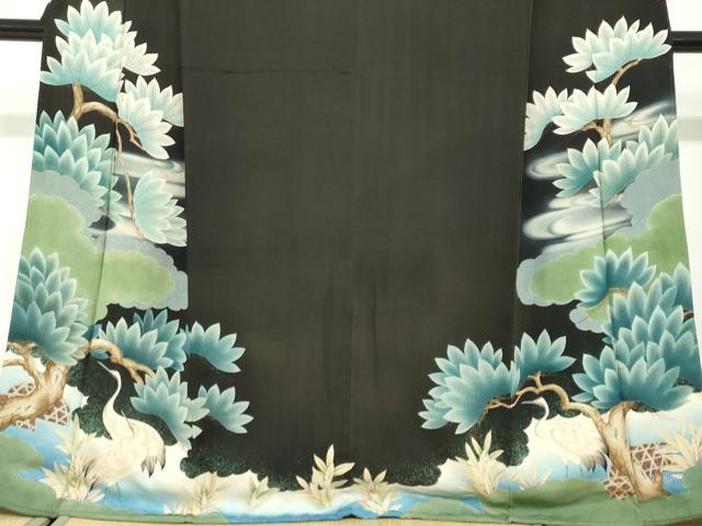平和屋着物●アンティーク　大正ロマン　黒留袖　群鶴浜松文　銀彩　正絹　逸品　DABD9840ud