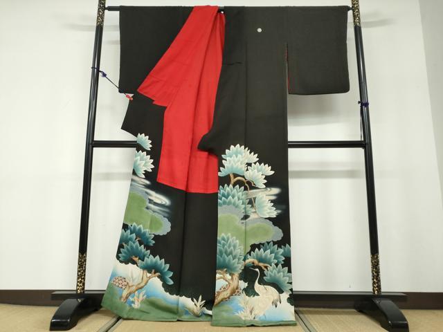 平和屋着物●アンティーク　大正ロマン　黒留袖　群鶴浜松文　銀彩　正絹　逸品　DABD9840ud