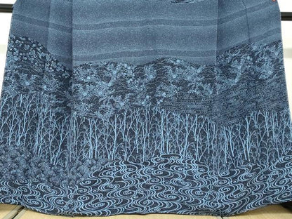 平和屋着物●訪問着　藍　流水花鳥文　やまと金ラベル　正絹　逸品　未使用　DABD9843ud