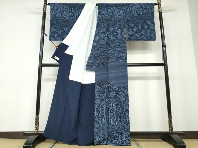 平和屋着物●訪問着　藍　流水花鳥文　やまと金ラベル　正絹　逸品　未使用　DABD9843ud