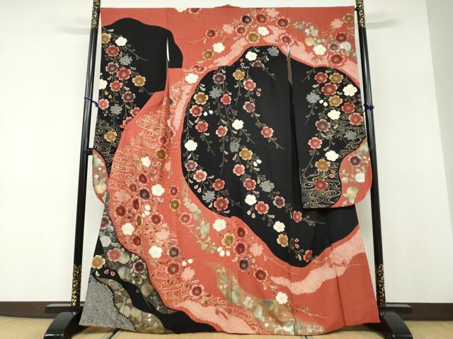 平和屋着物●豪華振袖　絞り　流水枝垂れ草花文　金彩　正絹　逸品　DABD9846ud