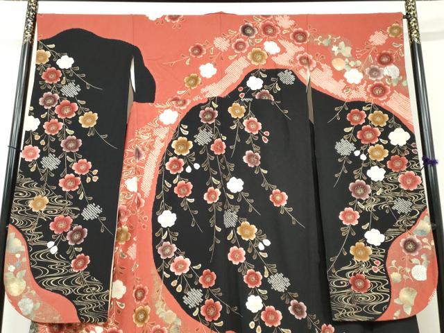 平和屋着物●豪華振袖　絞り　流水枝垂れ草花文　金彩　正絹　逸品　DABD9846ud