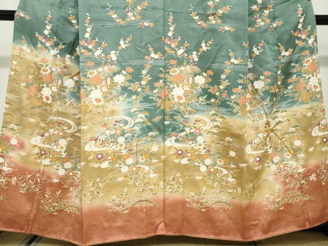 平和屋着物●訪問着　流水風景草花文　暈し染め　金彩　正絹　逸品　DABD9851ud