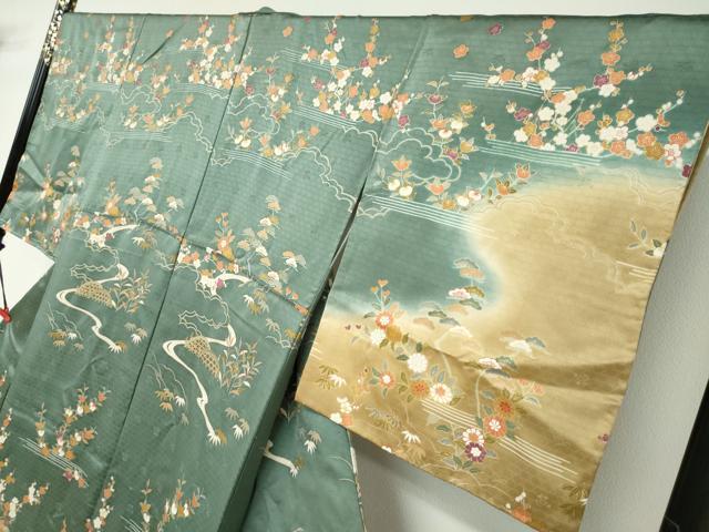 平和屋着物●訪問着　流水風景草花文　暈し染め　金彩　正絹　逸品　DABD9851ud