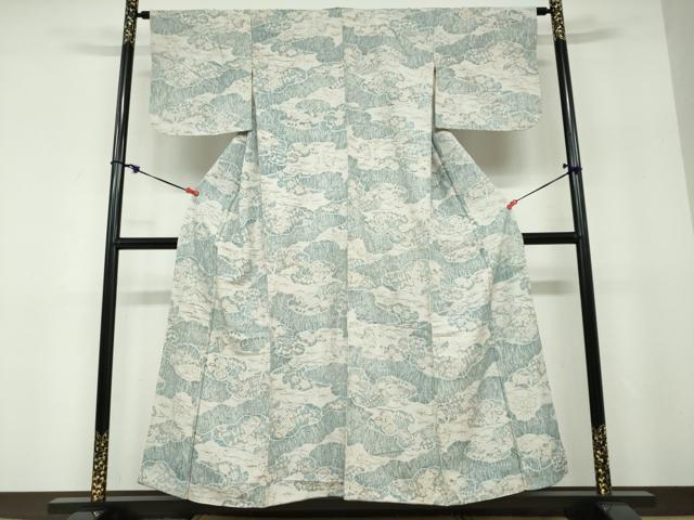平和屋着物●上質な小紋　紬地　手描き　雲取り花文　正絹　逸品　DABD9858ud