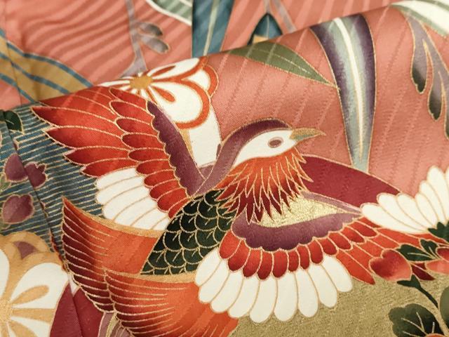 平和屋着物●豪華振袖　花鳥文　暈し染め　金彩　正絹　逸品　DABD9868ud