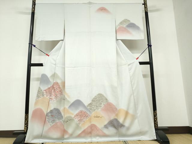 平和屋着物●訪問着　刺繍　遠山飛鶴草花文　暈し染め　金彩　正絹　逸品　DABD9878ud