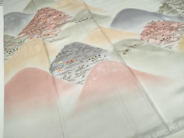 平和屋着物●訪問着　刺繍　遠山飛鶴草花文　暈し染め　金彩　正絹　逸品　DABD9878ud