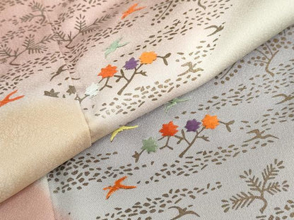 平和屋着物●訪問着　刺繍　遠山飛鶴草花文　暈し染め　金彩　正絹　逸品　DABD9878ud