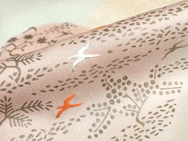 平和屋着物●訪問着　刺繍　遠山飛鶴草花文　暈し染め　金彩　正絹　逸品　DABD9878ud