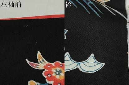 平和屋着物●上質な小紋　型染　風景花鳥文　黒地　鬼しぼ縮緬　正絹　逸品　DABD9879ud