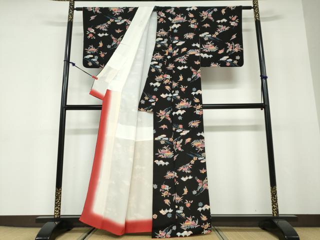 平和屋着物●上質な小紋　型染　風景花鳥文　黒地　鬼しぼ縮緬　正絹　逸品　DABD9879ud