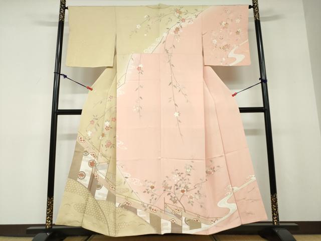 平和屋着物●訪問着　駒刺繍　エ霞草花文　暈し染め　金彩　正絹　逸品　DABD9883ud