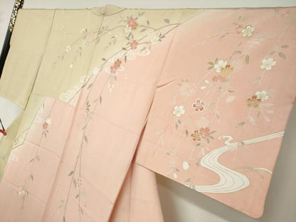 平和屋着物●訪問着　駒刺繍　エ霞草花文　暈し染め　金彩　正絹　逸品　DABD9883ud