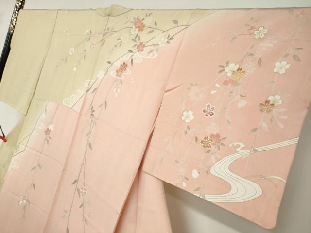 平和屋着物●訪問着　駒刺繍　エ霞草花文　暈し染め　金彩　正絹　逸品　DABD9883ud