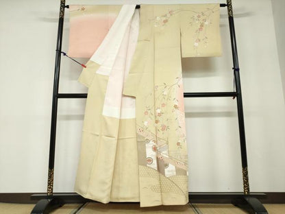 平和屋着物●訪問着　駒刺繍　エ霞草花文　暈し染め　金彩　正絹　逸品　DABD9883ud