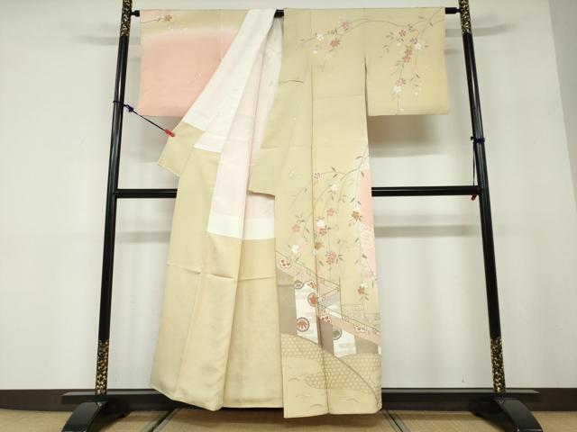 平和屋着物●訪問着　駒刺繍　エ霞草花文　暈し染め　金彩　正絹　逸品　DABD9883ud