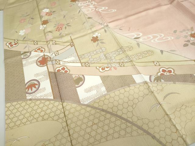 平和屋着物●訪問着　駒刺繍　エ霞草花文　暈し染め　金彩　正絹　逸品　DABD9883ud
