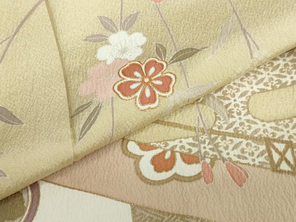 平和屋着物●訪問着　駒刺繍　エ霞草花文　暈し染め　金彩　正絹　逸品　DABD9883ud