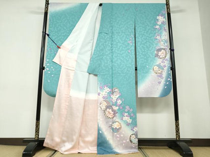平和屋着物●豪華振袖　駒刺繍　花丸文　暈し染め　金彩　正絹　逸品　DABD9905ud