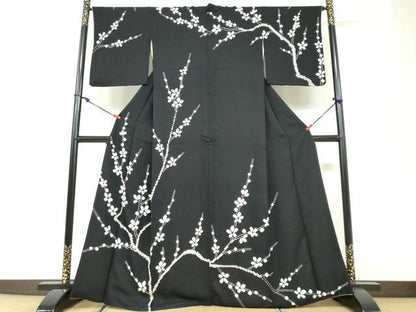 平和屋着物●訪問着　絞り　枝花文　黒地　正絹　逸品　DABD9909ud