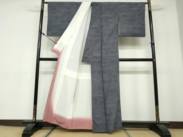 平和屋着物●結城紬　80亀甲　エ霞草花文　正絹　逸品　DABD9914ud