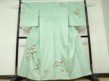 平和屋着物●訪問着　白山紬　友禅　作家物　枝花文　正絹　逸品　未使用　DABD9918ud