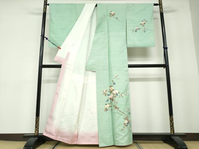 平和屋着物●訪問着　白山紬　友禅　作家物　枝花文　正絹　逸品　未使用　DABD9918ud