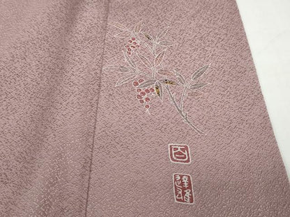 平和屋着物●京加賀友禅　百貫達雄監修　色無地　加賀の四季　紋意匠　薄葡萄色　反端付き　正絹　逸品　DABD9919ud