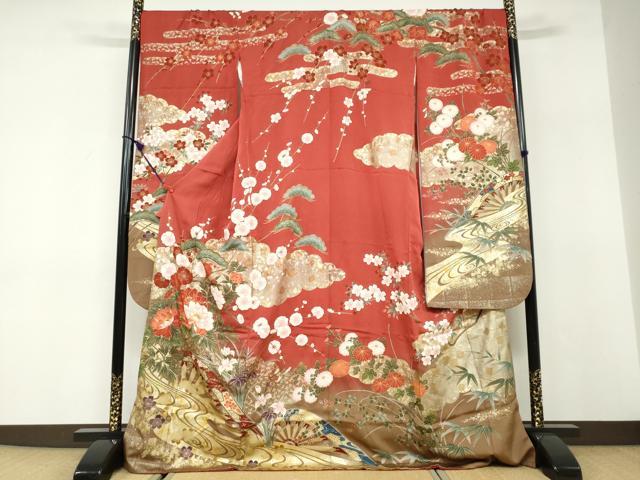 平和屋着物●豪華振袖　駒刺繍　片輪車草花文　暈し染め　金彩　正絹　逸品　DABD9924ud