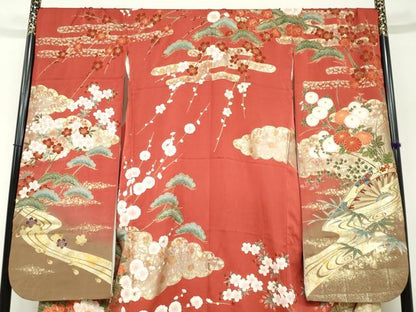 平和屋着物●豪華振袖　駒刺繍　片輪車草花文　暈し染め　金彩　正絹　逸品　DABD9924ud