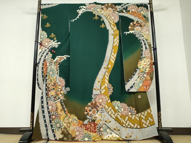 平和屋着物●女優・後藤久美子ブランド　振袖　駒刺繍　立波鳳凰草花文　暈し染め　金銀彩　正絹　逸品　DABD9927ud