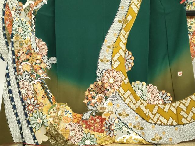 平和屋着物●女優・後藤久美子ブランド　振袖　駒刺繍　立波鳳凰草花文　暈し染め　金銀彩　正絹　逸品　DABD9927ud