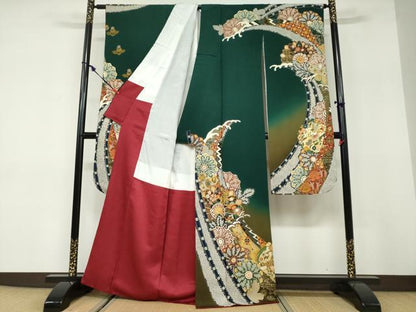 平和屋着物●女優・後藤久美子ブランド　振袖　駒刺繍　立波鳳凰草花文　暈し染め　金銀彩　正絹　逸品　DABD9927ud