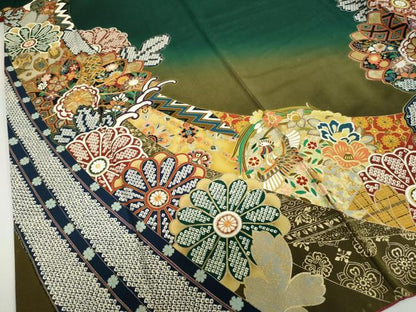 平和屋着物●女優・後藤久美子ブランド　振袖　駒刺繍　立波鳳凰草花文　暈し染め　金銀彩　正絹　逸品　DABD9927ud