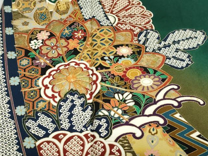 平和屋着物●女優・後藤久美子ブランド　振袖　駒刺繍　立波鳳凰草花文　暈し染め　金銀彩　正絹　逸品　DABD9927ud
