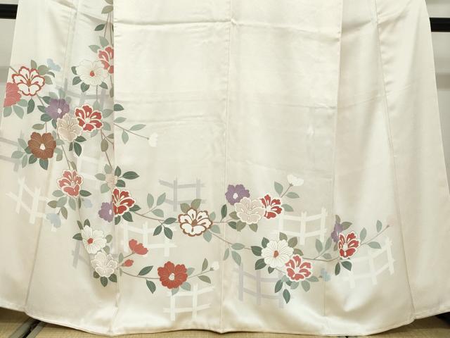 平和屋着物●訪問着　駒刺繍　格子枝椿文　金彩　正絹　逸品　DABD9942ud