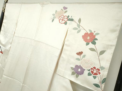 平和屋着物●訪問着　駒刺繍　格子枝椿文　金彩　正絹　逸品　DABD9942ud