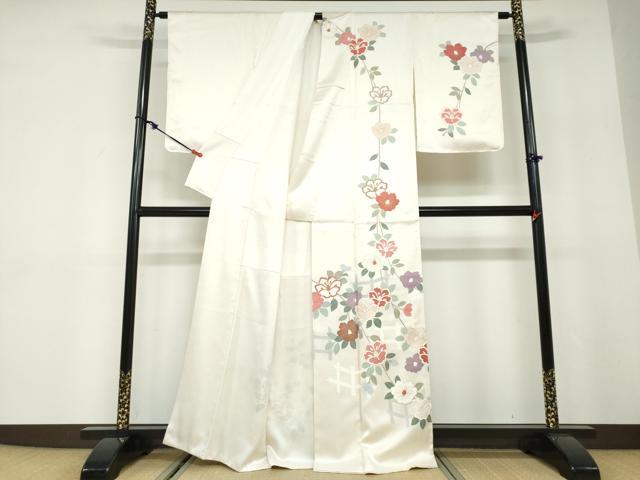 平和屋着物●訪問着　駒刺繍　格子枝椿文　金彩　正絹　逸品　DABD9942ud