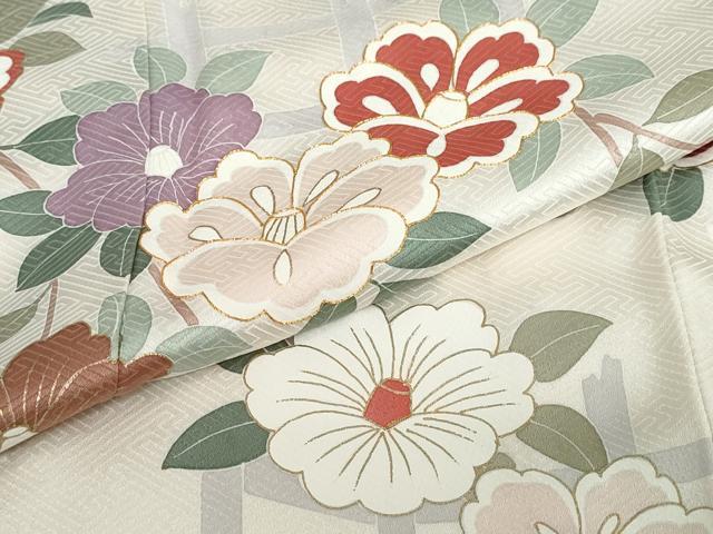 平和屋着物●訪問着　駒刺繍　格子枝椿文　金彩　正絹　逸品　DABD9942ud