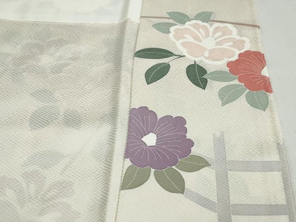 平和屋着物●訪問着　駒刺繍　格子枝椿文　金彩　正絹　逸品　DABD9942ud