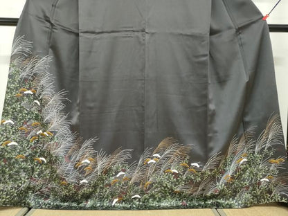 平和屋着物●訪問着　秋草文　黒地　金彩　ますいわ屋扱い　正絹　逸品　DABD9945ud