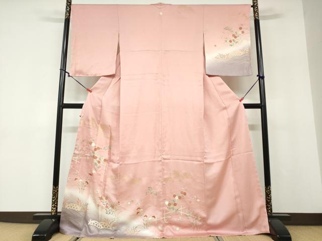 平和屋着物●訪問着　駒刺繍　草花文　暈し染め　金彩　正絹　逸品　未使用　DABD9946ud