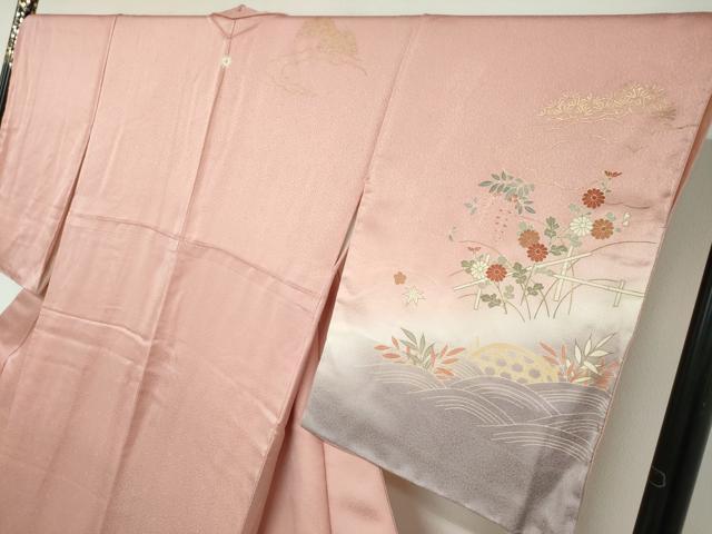 平和屋着物●訪問着　駒刺繍　草花文　暈し染め　金彩　正絹　逸品　未使用　DABD9946ud