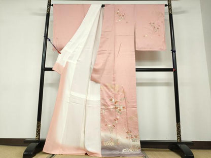 平和屋着物●訪問着　駒刺繍　草花文　暈し染め　金彩　正絹　逸品　未使用　DABD9946ud